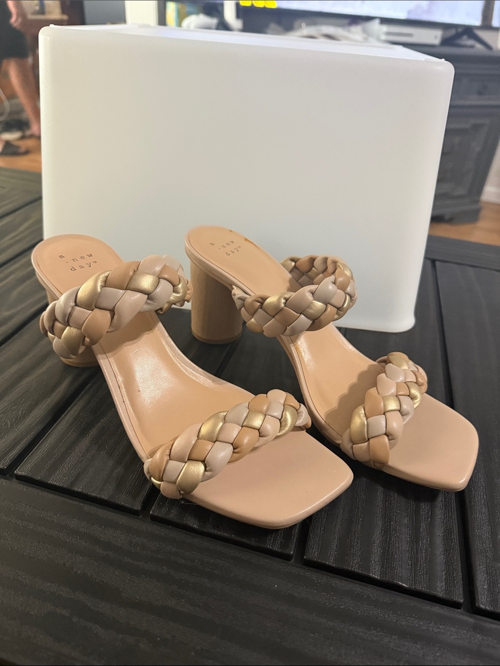 a new day Braided Two-Strap Nude and Gold Block Heel Sandals